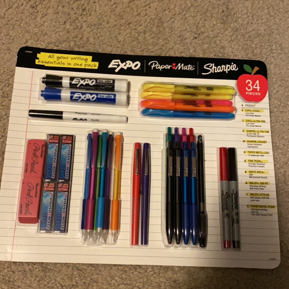 34 piece expo paper mate , sharpie pen/pencil